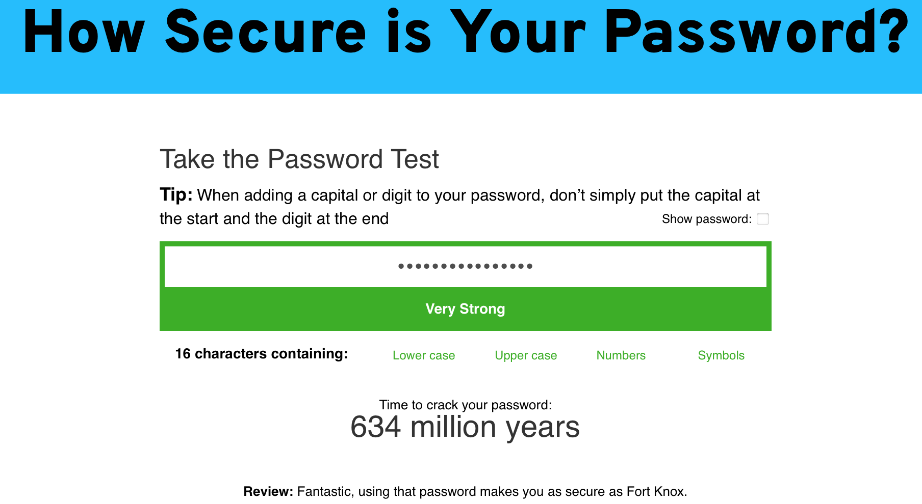I.T. in small museums -  image showing the results of a password strength test